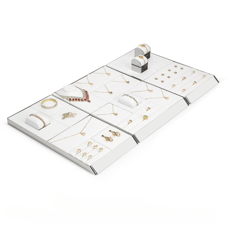 White PU Leather Jewelry Display Tray with Shiny Metal Frame - Modular Counter Organizer for Necklaces, Rings & Earrings