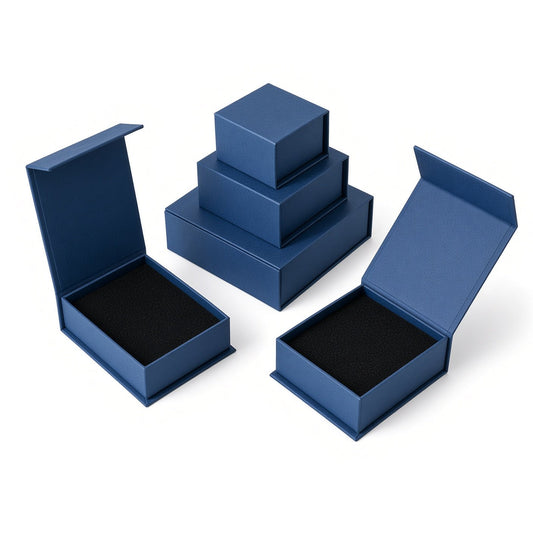 Custom deep navy magnetic jewelry box presentation view