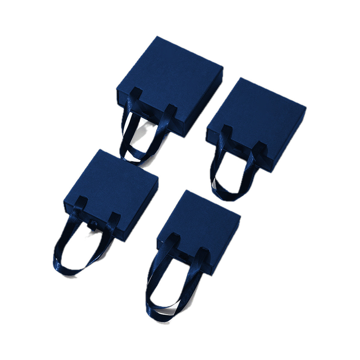 Navy blue handled drawer jewelry boxes in four verified sizes on pure white