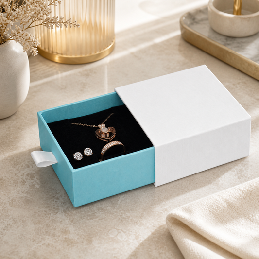Baby Blue jewelry box drawer presented in a boutique jewelry-store display scene.