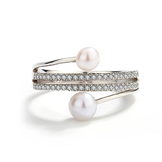 Elegant fashion zircon diamond-set 925 sterling silver women ring with 2 pearls
