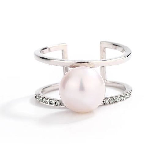 Simple double ring open adjustable custom diamond setting 925 sterling silver engagement ring with a pearl