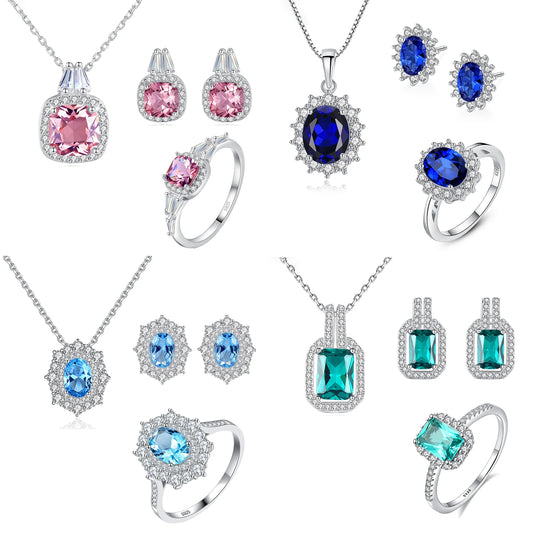 Jewelry Set Women Jewelry Rhodium Plated Colorful Zirconia Stone Ring Necklace Earring Non Tarnish Jewelry Sets
