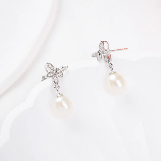 Zirconia fashion statement 925 sterling silver flower freshwater pearl dangle drop earrings with small zircon