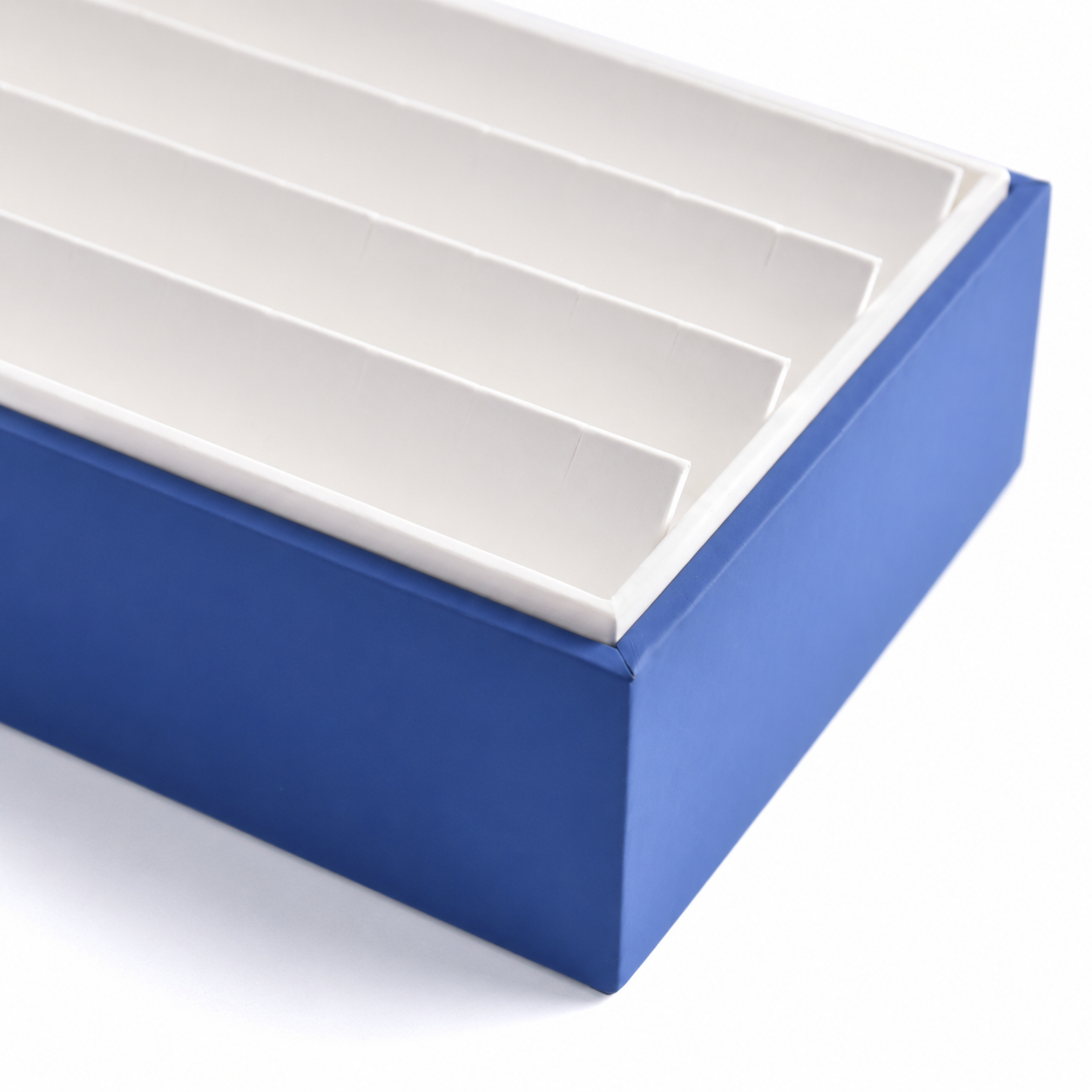 Compact retail earring display tray with four angled rows and slotted positions