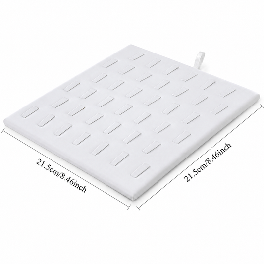 White 39-position square ring presentation board measuring 21.5 by 21.5 cm