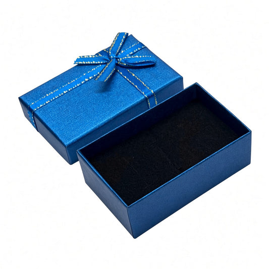 Open blue B2632 bow jewelry gift box with black interior