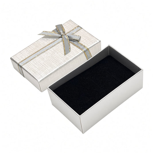 Open silver B2632 bow jewelry gift box with black interior