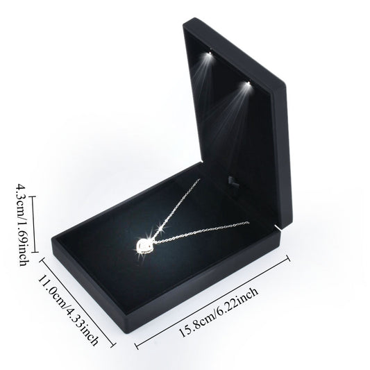 Black LED light small necklace box shown open with 15.8 by 11.0 by 4.3 cm dimensions