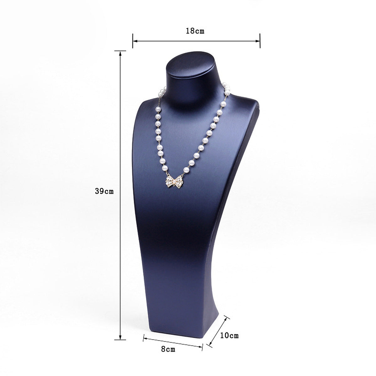 Blue brushed PU leather necklace display bust, 18 cm shoulder x 39 cm high - CND075