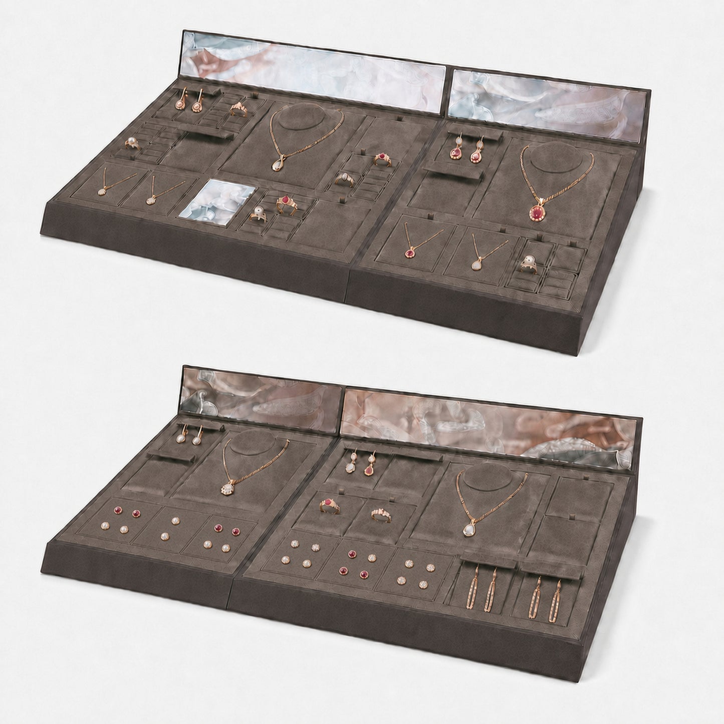 Custom Brown Modular Jewelry Display Tray Set with the full backdrop, styled with assorted necklaces, earrings, rings and bracelets