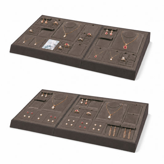 Custom Brown Modular Jewelry Display Tray Set without the backboard, styled with necklaces, earrings, rings and bracelets across the coordinated display pieces