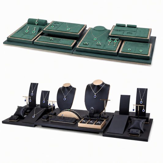 Custom Green and Black Modular Jewelry Display Tray System without the backboard, styled with necklaces, earrings, rings and bracelets across the coordinated display pieces