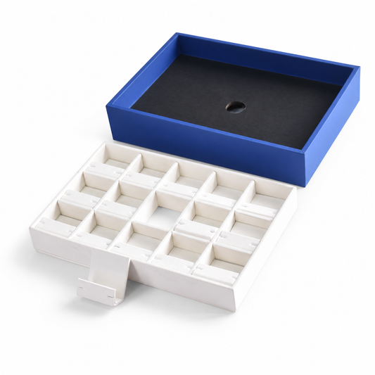 earring display - 15 Blue White Earring Tray Holders T046H15-W open view