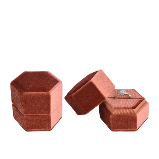 ring box - Brown Hexagonal Velvet Ring Box V09-R1 CO open view