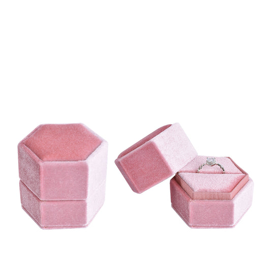 ring box - Pink Hexagonal Velvet Ring Box V09-R1 P open view
