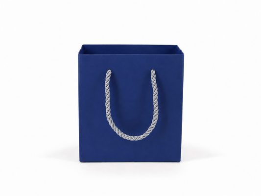 Dimensions for blue small square paper tote gift bag: 4.75 × 2.75 × 5 in