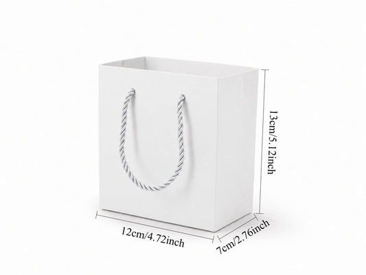 Dimensions for white small square paper tote gift bag: 4.75 × 2.75 × 5 in