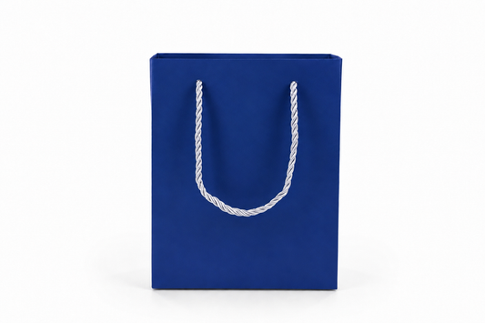 Dimensions for blue medium tall paper tote gift bag: 6.25 × 3.5 × 7.75 in
