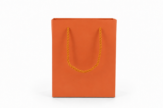 Dimensions for orange medium tall paper tote gift bag: 6.25 × 3.5 × 7.75 in
