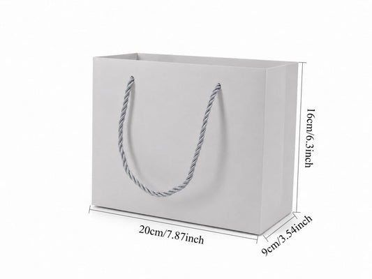 Dimensions for white medium landscape paper tote gift bag: 7.75 × 3.5 × 6.25 in