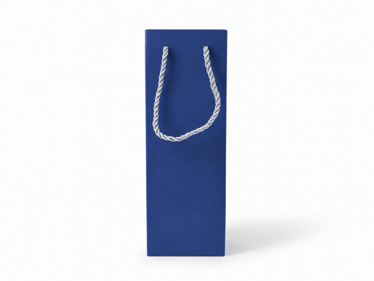 Dimensions for blue tall narrow paper tote gift bag: 3.25 × 2.75 × 10.75 in