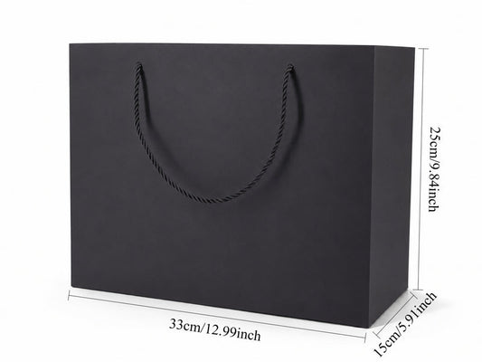Dimensions for black extra-large landscape paper tote gift bag: 13 × 6 × 9.75 in