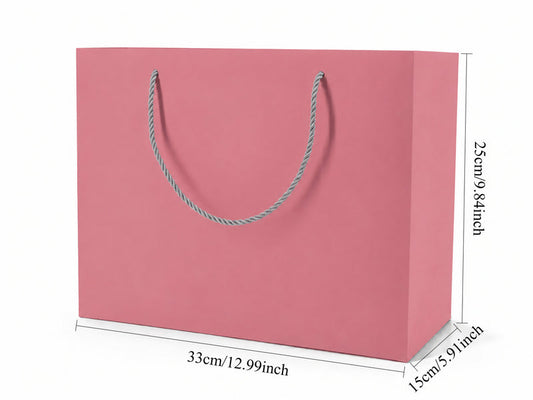 Dimensions for pink extra-large landscape paper tote gift bag: 13 × 6 × 9.75 in