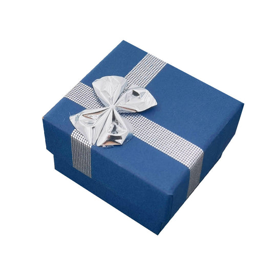 Navy Blue ribbon paper ring jewelry gift box, closed angle view