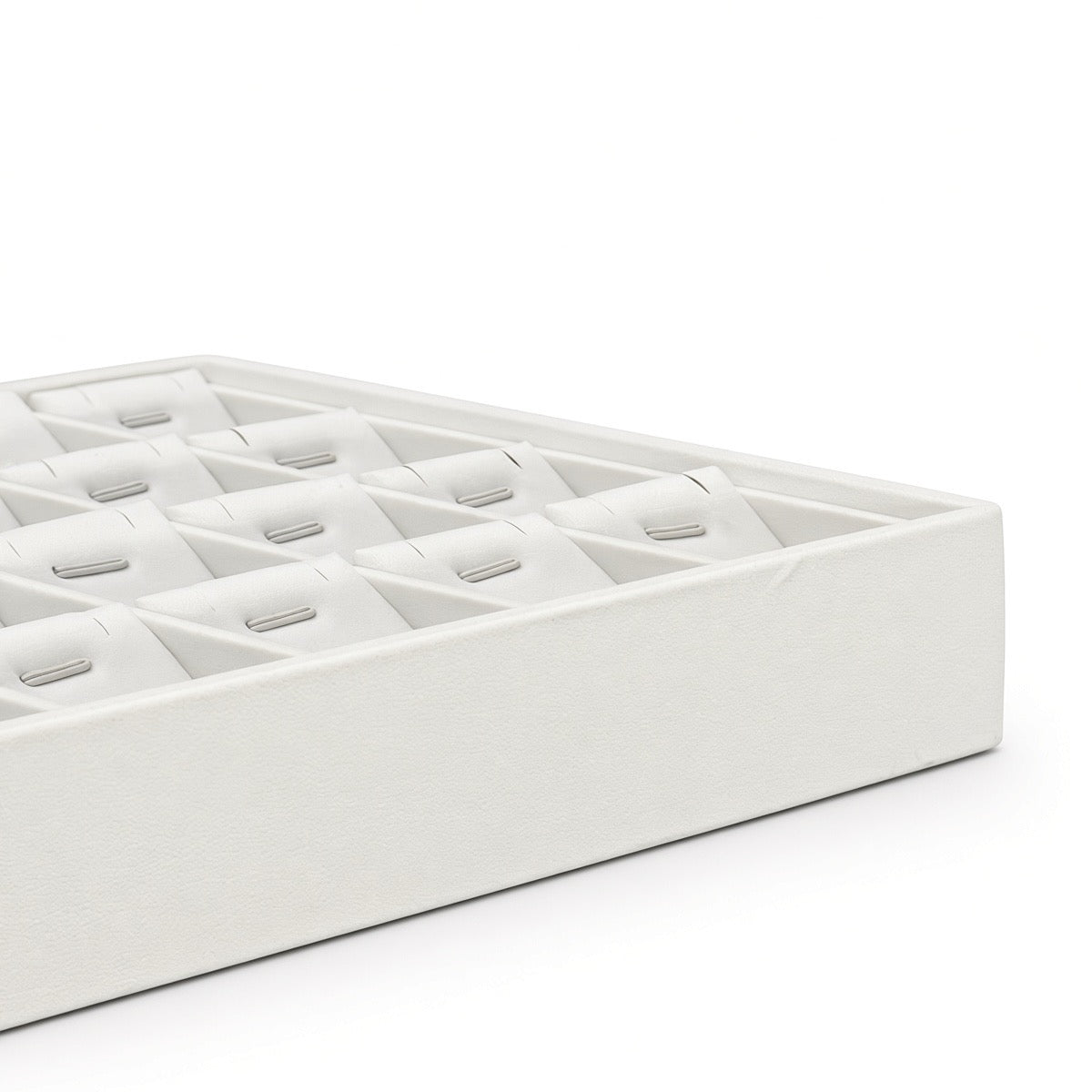 White 28-slot pendant necklace display tray corner detail