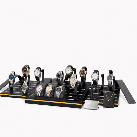 watch display - Custom Black Charcoal Watch Stand and Tray Set CWD028 open view