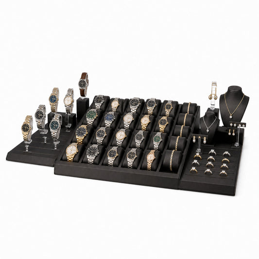 watch display - Custom Black Multi-Slot Watch Tray Collection CWD018 open view