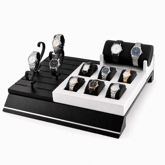 watch display - Custom Black White Modular Watch Counter Display Set CWD031 open view