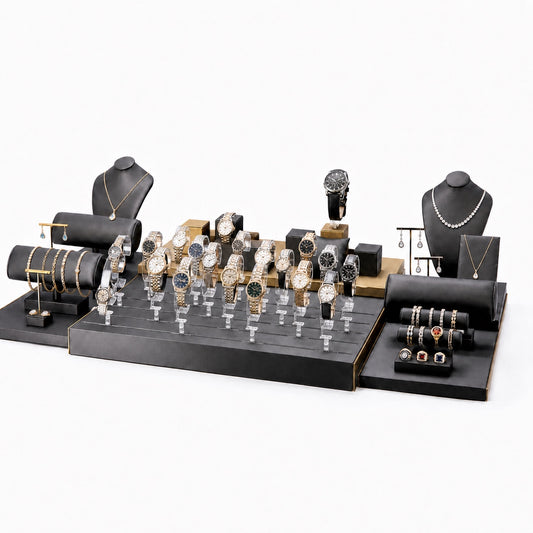 watch display - Custom Charcoal Gold Showcase Watch Display Set CWD014 open view
