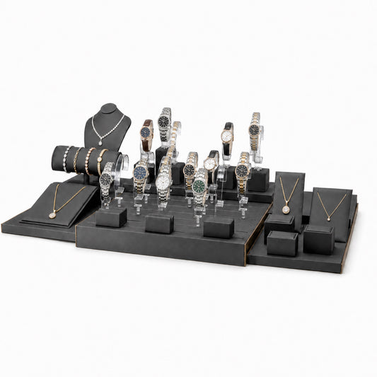 watch display - Custom Charcoal Rectangular Watch Display Set CWD016 open view