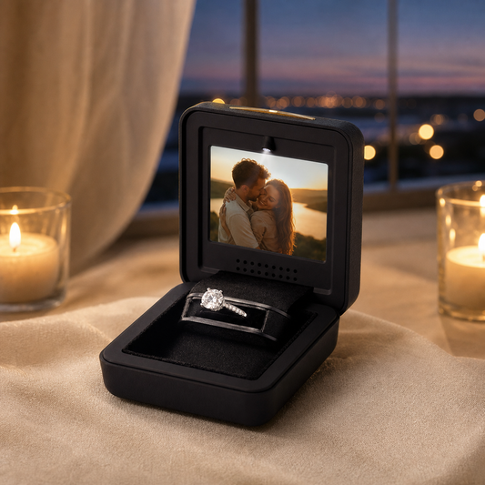 Black engagement ring box with video screen displaying a couple beside a ring in a romantic proposal setting