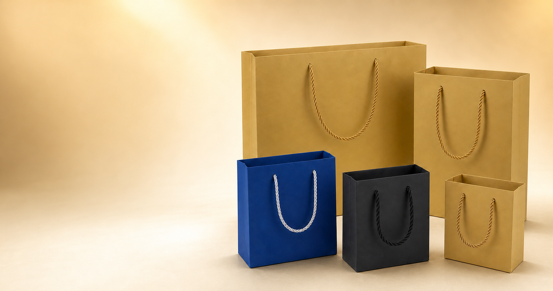 Jewelry store gift bags in compact, portrait and landscape paper tote sizes
