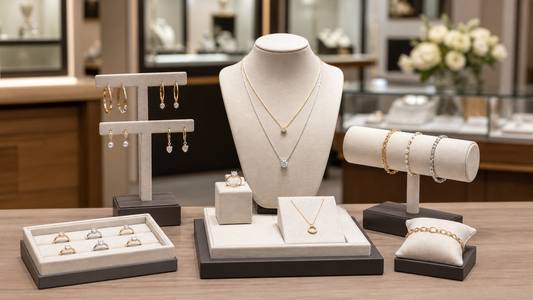 Coordinated trays, earring stands, necklace busts and bracelet displays arranged on a jewelry store counter