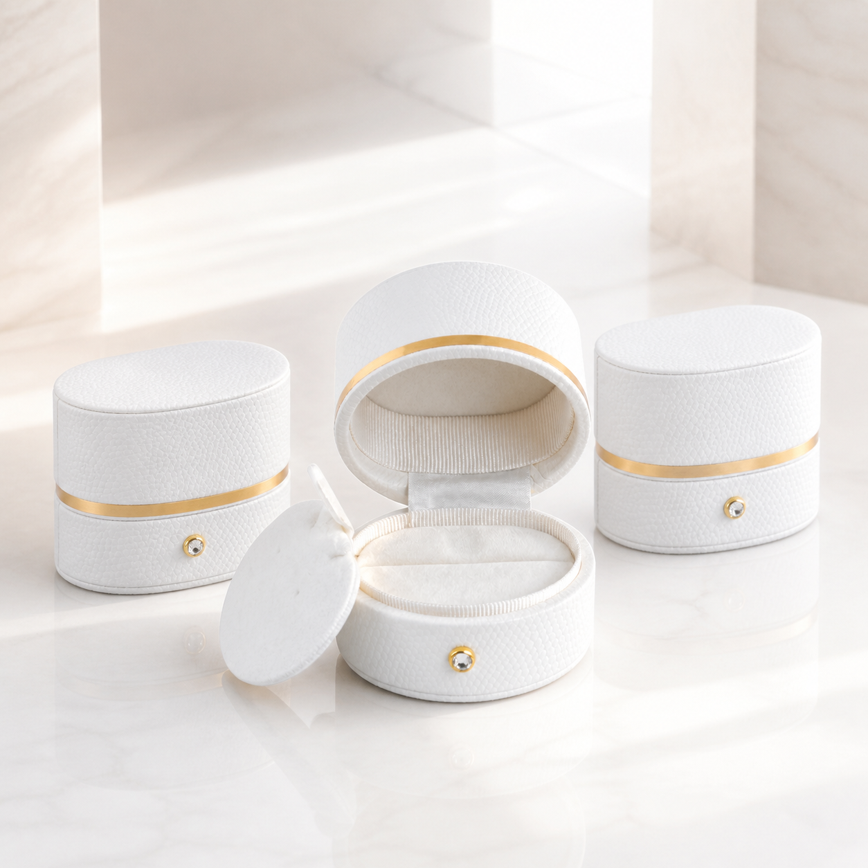 Bright white Cartier style jewelry boxes with gold trim in a luxury showroom