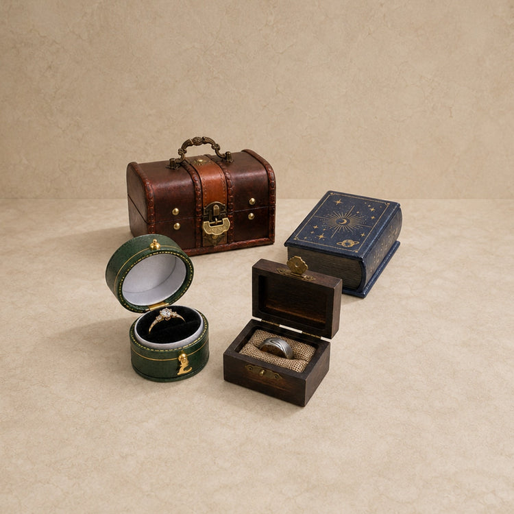 Custom antique jewelry boxes in green, wood and navy book styles with vintage-inspired clasps and ring displays