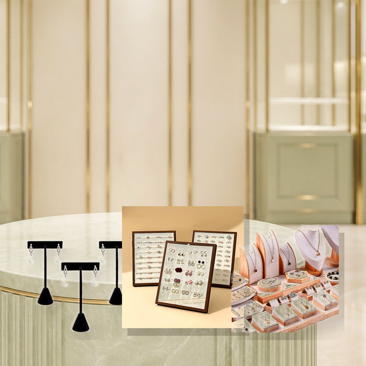 Custom jewelry display stands with studio lighting in a luxury showroom