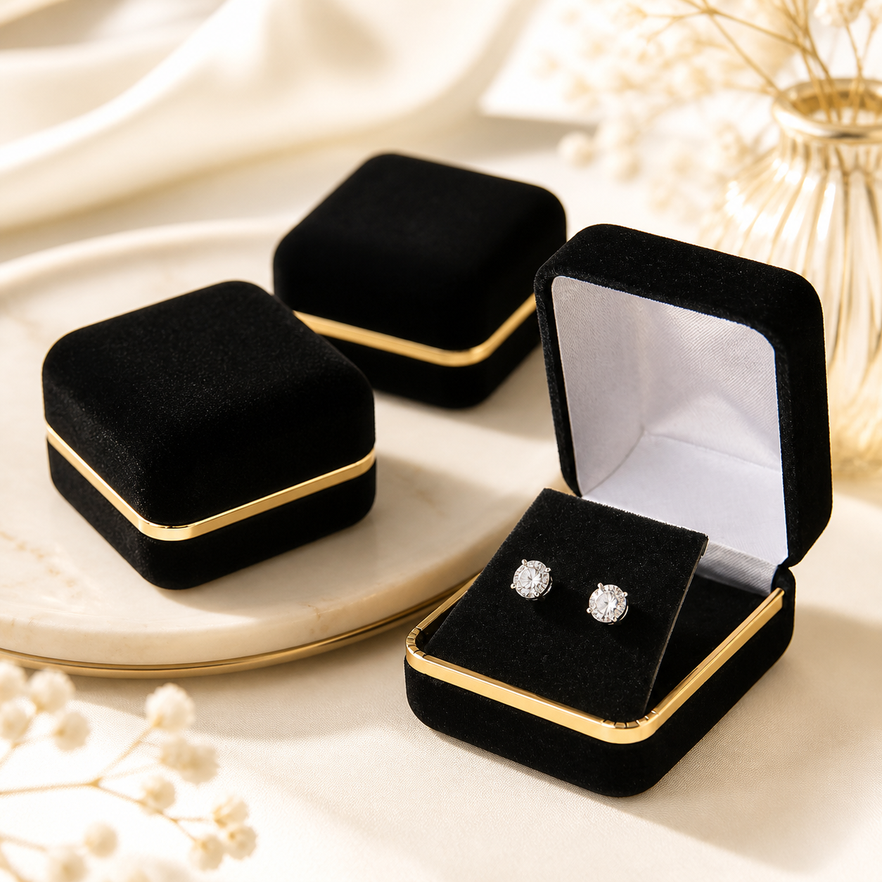 Bright black and gold earring boxes arranged in a luxury showroom