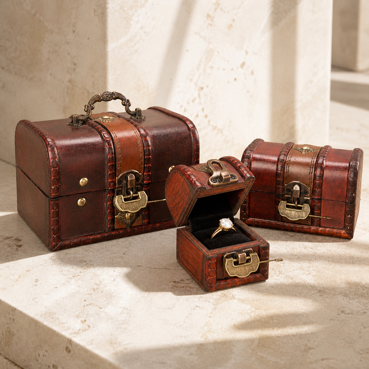 Bright vintage ethnic style wooden jewelry boxes in a refined showroom