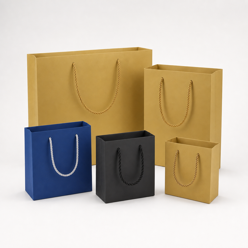 Gold, navy and black paper gift tote bags with cord handles
