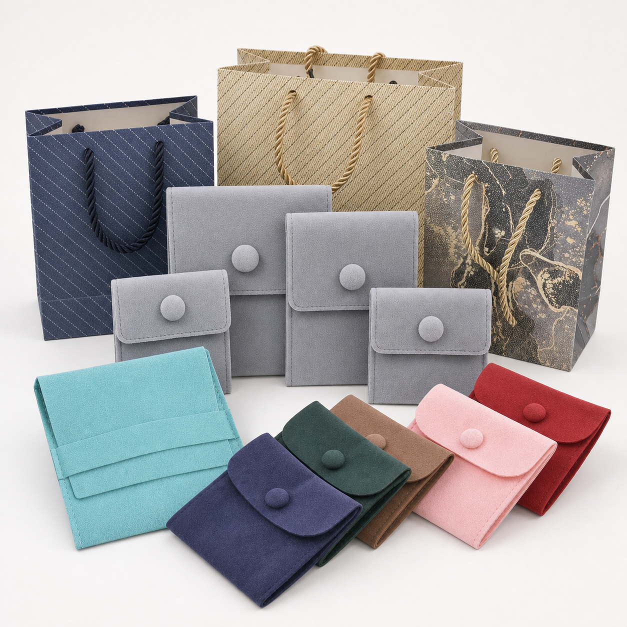 Wholesale jewelry pouches and paper gift bags in assorted colors and styles for retail packaging