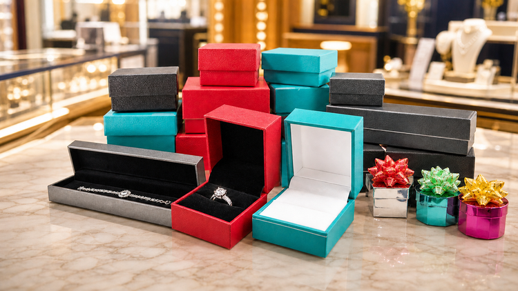 Assorted on-sale ring, necklace and jewelry boxes in red, black, turquoise and gray on a boutique counter