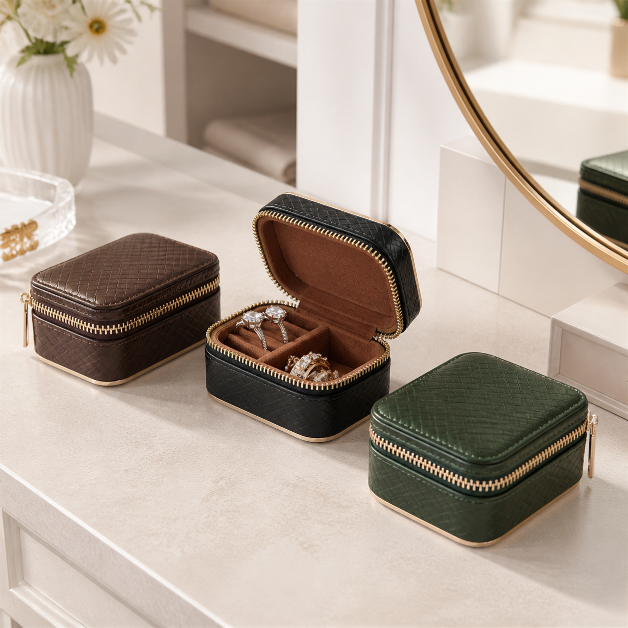 Bright travel jewelry storage boxes with organized ring compartments