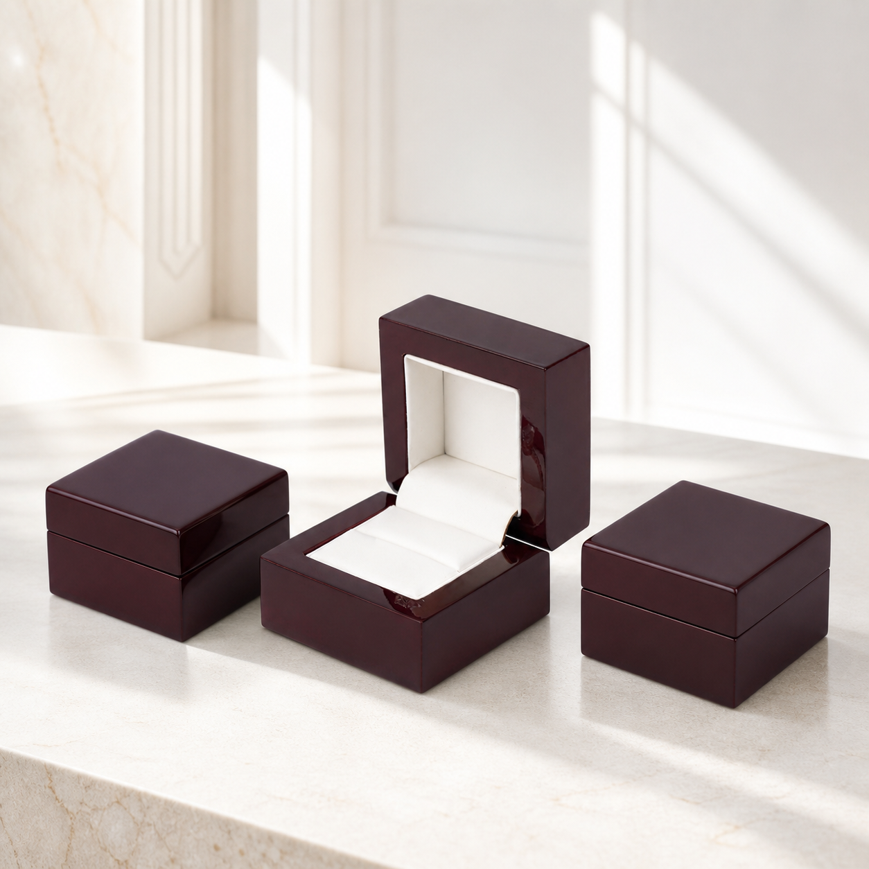 Bright luxury wooden jewelry boxes arranged in a refined showroom