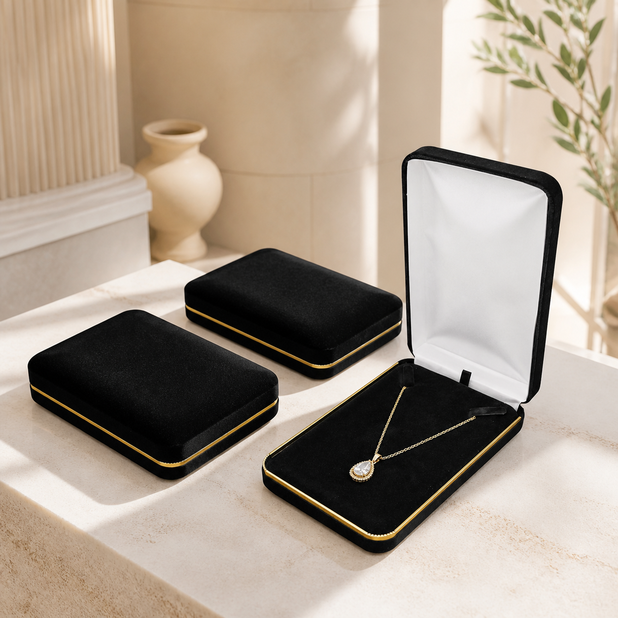 Bright black and gold necklace boxes arranged in a luxury showroom