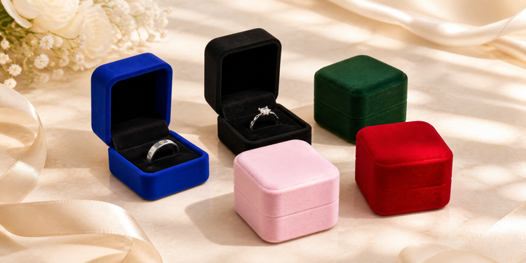 Round corner velvet ring boxes in five colors for romantic jewelry gifting